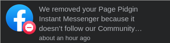 A Facebook notification saying our page was taken down for not following community guidelines.